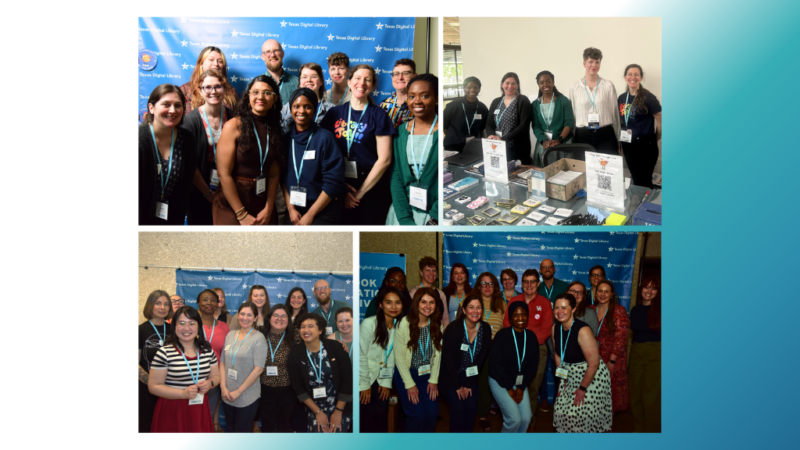 Background color: White on the right fading to Blue gradient on the left.
Decorative images: Four event photos arranged in a collage centered in the middle portion of the graphic. The photos show groups of conference committee members posing together and staffing an event table.
