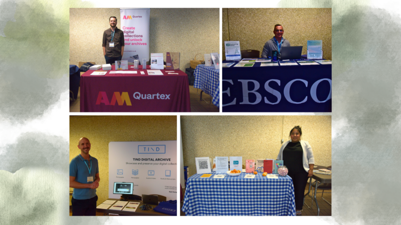 Background: A collage of four photographs featuring TCDL 2026 sponsors arranged in a two-by-two grid. The sponsors shown are, from top left to right and bottom left to right: AM Quartex, EBSCO, TIND, and Library Juice Academy. Each photograph shows a sponsor representative at a conference exhibit table with banners, displays, informational materials, and promotional items. The collage is displayed on a watercolor-style background that reflects the TCDL 2027 theme branding. The background incorporates a sage green color palette (#626d57, #89977a, #9fa98d, and #d0d897) with soft blended textures and white (#ffffff) accents. The overall design evokes a natural, garden-inspired aesthetic that aligns with the From Seedling to Evergreen: Rooted in Community theme.