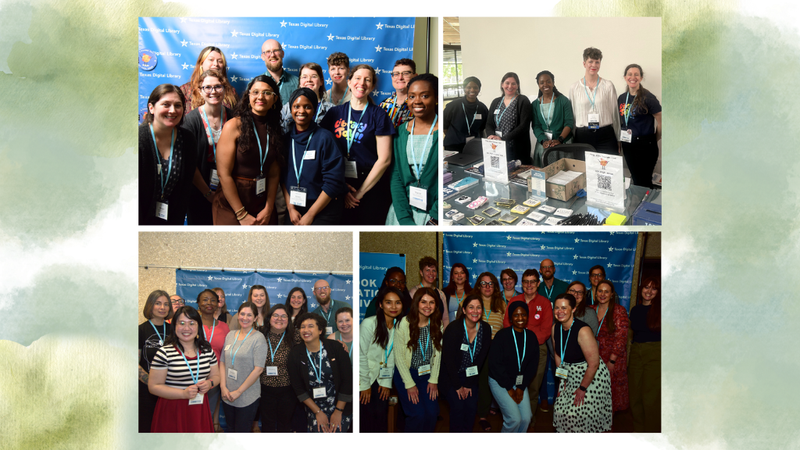 Background: A collage of four group photos featuring TCDL committee members at conference and event settings. The photographs show committee members gathered in groups, some posing in front of a Texas Digital Library backdrop and others standing behind an information table with promotional materials and displays. The collage is displayed on a soft watercolor-style background in shades of green, blue, and cream.