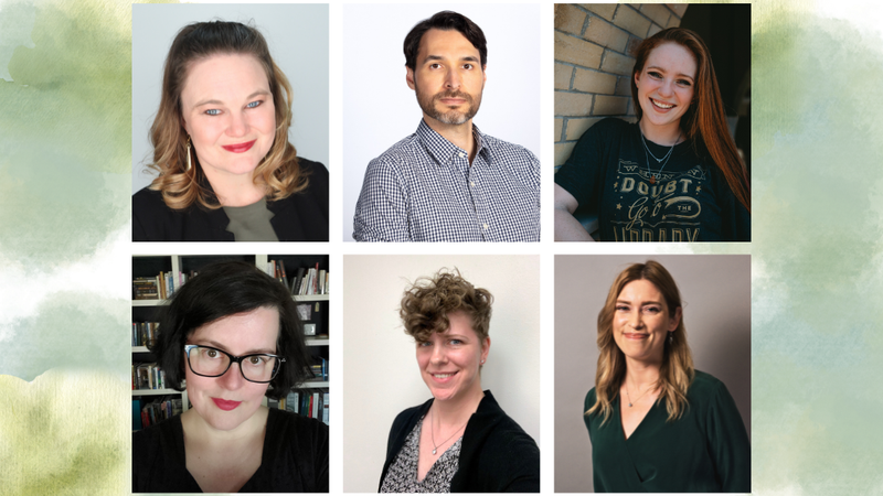 Background: A collage of six professional headshots arranged in a two-row by three-column grid. The committee members are shown in the following order from top left to right, then bottom left to right: Alexa Hight (Texas State University), Ian Barba (Texas Tech University), Isabelle Antes (Texas State University), Shelley Barba (Texas Tech University), Maria Balduf (UNT Health Fort Worth), and Jenna Palensky (Baylor University). The collage is displayed on a soft watercolor-style background in shades of green, blue, and cream.